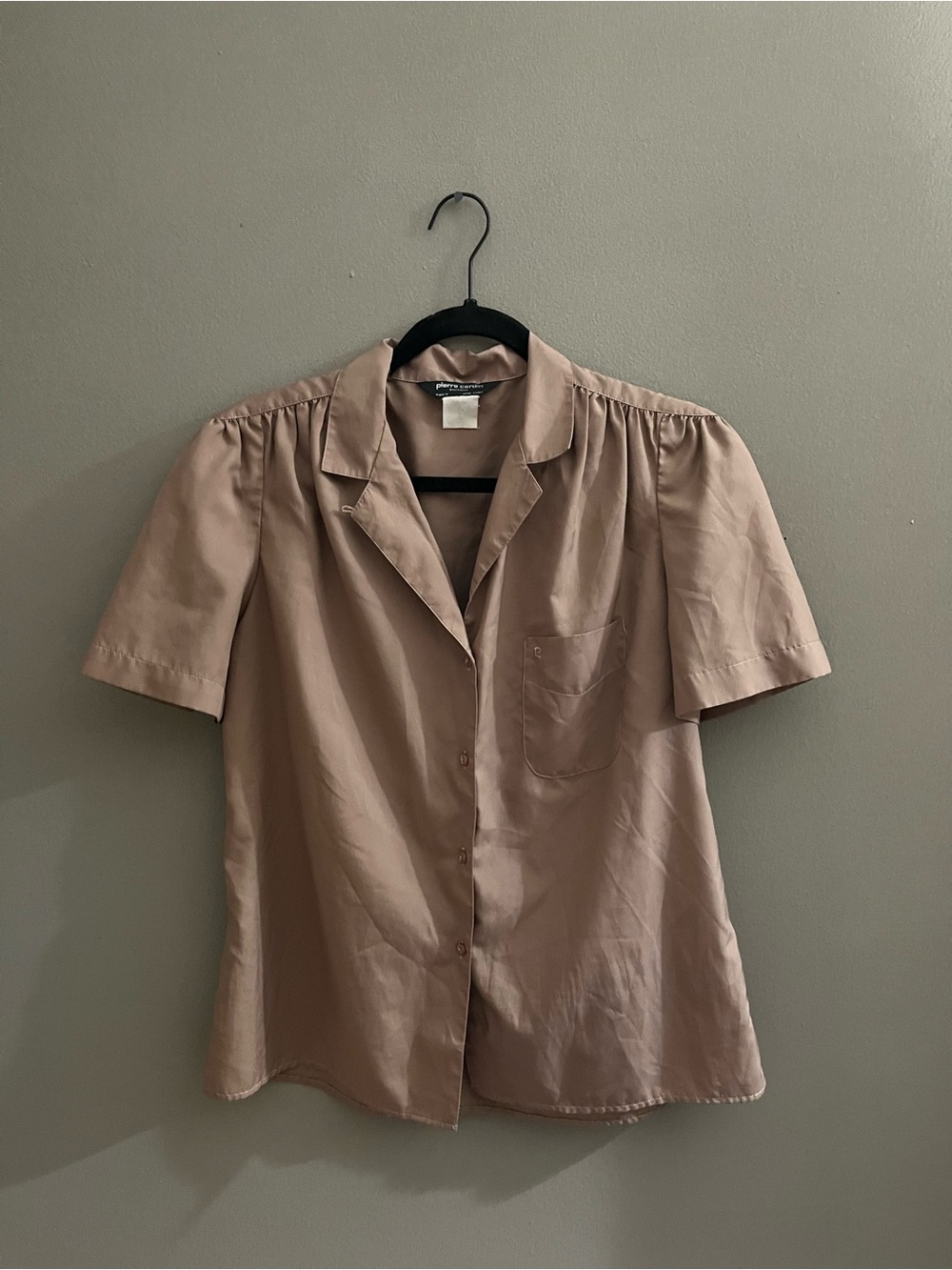 Pierre Cardin Vintage Taupe Button-Front Short Sleeve Blouse Boxy Fit Large
